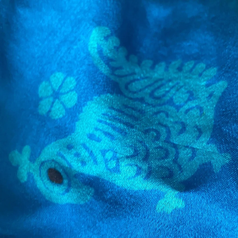 Blue Silk Square Scarf Bird Floral Pattern Turquoise Satin Finish 28x28